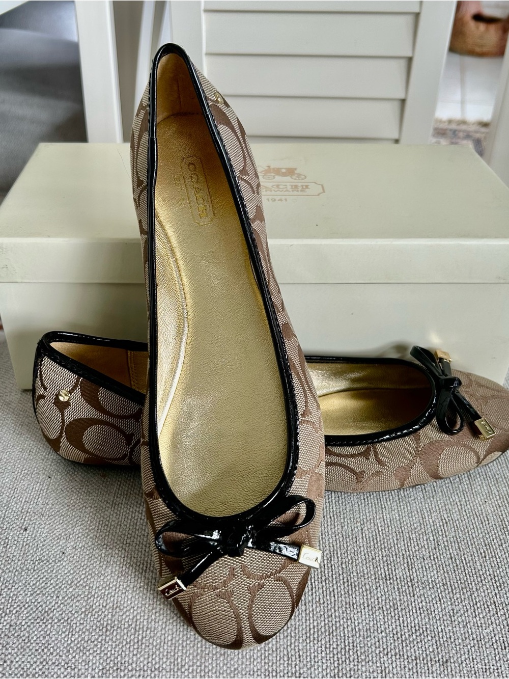 Coach Brown Signature Canvas Ballet Flats with Black Trim